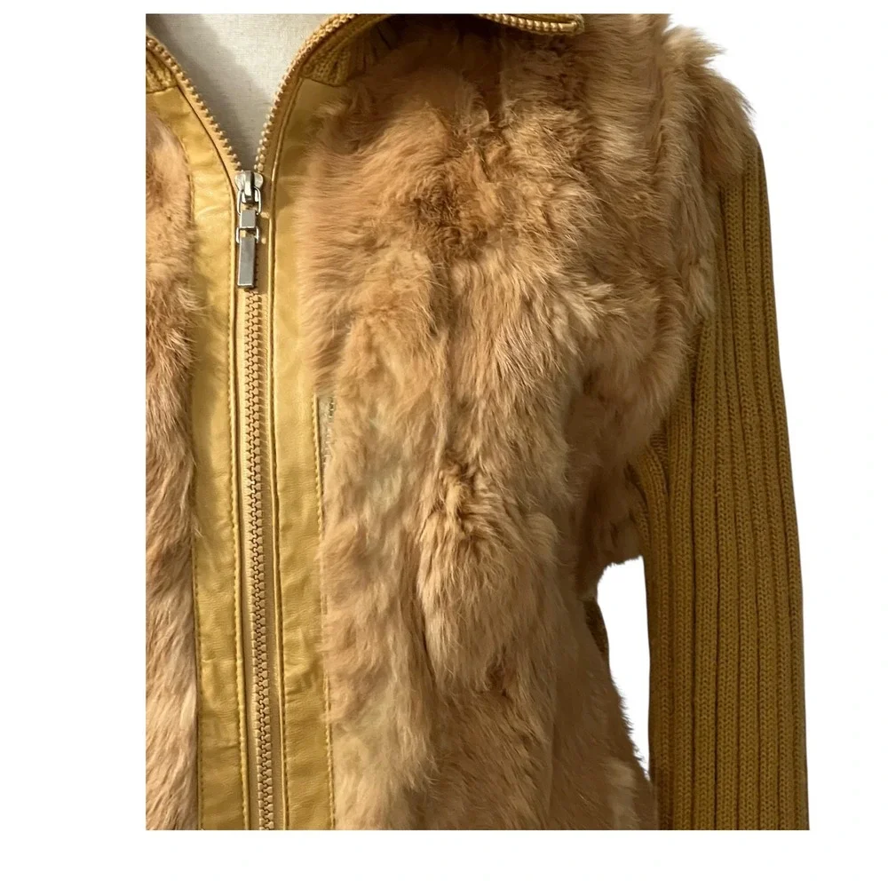 Leather USA Mustard Brown Genuine Rabbit Fur Ribbed Knit‎ Zip Up Cardigan XL